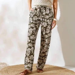 Pantalon large fluide, imprimé végétal