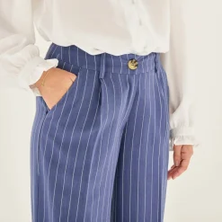 Pantalon large fluide rayé, viscose-lin