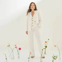 Pantalon large fluide rayé, viscose-lin