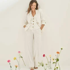 Pantalon large fluide rayé, viscose-lin