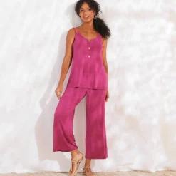 Pantalon large 7/8ème, taille élastiquée, maille unie