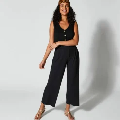 Pantalon large 7/8ème, taille élastiquée, maille unie