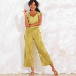 Pantalon large 7/8ème, taille élastiquée, maille unie