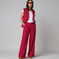 Pantalon large à pinces uni, en viscose-lin
