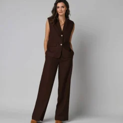 Pantalon large à pinces uni, en viscose-lin