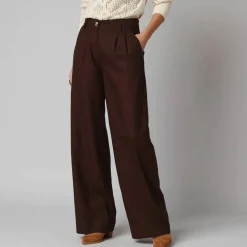 Pantalon large à pinces uni, en viscose-lin