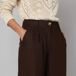 Pantalon large à pinces uni, en viscose-lin