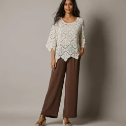 Pantalon large taille haute à enfiler, crêpe fluide