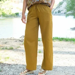 Pantalon large taille haute, gaze de coton