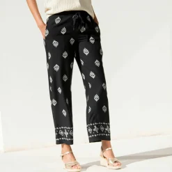 Pantalon large taille haute, viscose imprimée