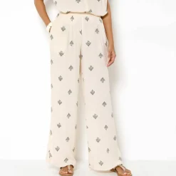 Pantalon large taille élastiquée imprimé minimaliste, crépon fluide