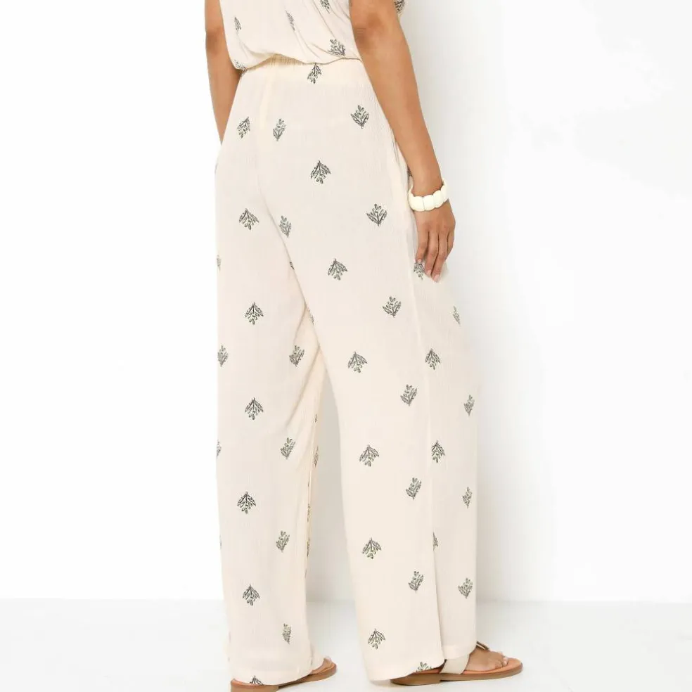 Pantalon large taille élastiquée imprimé minimaliste, crépon fluide