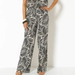 Pantalon large taille élastiquée imprimé palme, crépon fluide
