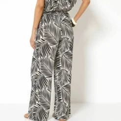 Pantalon large taille élastiquée imprimé palme, crépon fluide