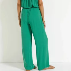 Pantalon large taille élastiquée uni, crépon fluide