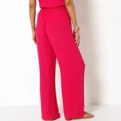 Pantalon large taille élastiquée uni, crépon fluide