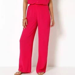 Pantalon large taille élastiquée uni, crépon fluide