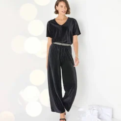 Pantalon large velours reliefé taille élastiquée