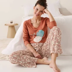 Pantalon pyjama coton imprimé "feuillage" avec lien à nouer