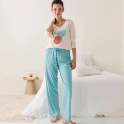 Pantalon pyjama coton uni avec lien à nouer