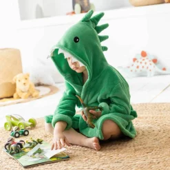 Peignoir de bain enfant dinosaure à capuche microfibre toute douce