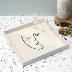 Plateau carré en bois, motif visage