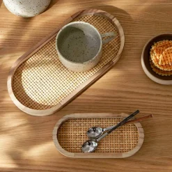 Plateau Oblong bois et rotin, lot de 2