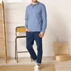 Polo uni maille piquée manches longues