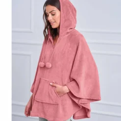 Poncho à capuche, maille polaire toucher peluche