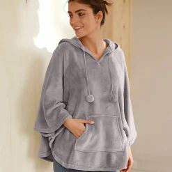 Poncho à capuche, maille polaire toucher peluche