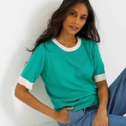 Pull bicolore col rond, manches courtes