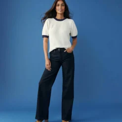 Pull bicolore manches coudes, maille fantaisie en coton