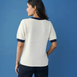 Pull bicolore manches coudes, maille fantaisie en coton