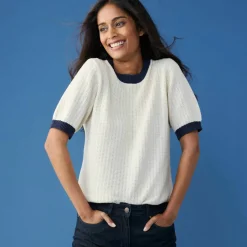 Pull bicolore manches coudes, maille fantaisie en coton