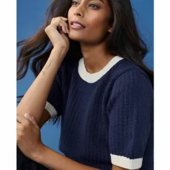 Pull bicolore manches coudes, maille fantaisie en coton