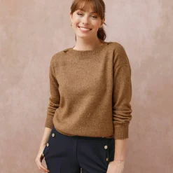 Pull col bateau uni, épaules boutonnées