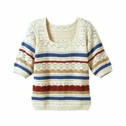 Pull col carré rayé, maille ajourée