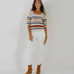 Pull col carré rayé, maille ajourée