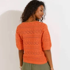 Pull col carré uni, maille ajourée