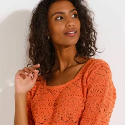 Pull col carré uni, maille ajourée