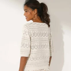 Pull col carré uni, maille ajourée
