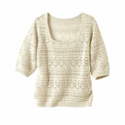 Pull col carré uni, maille ajourée