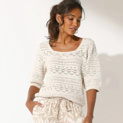 Pull col carré uni, maille ajourée