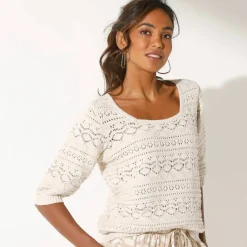 Pull col carré uni, maille ajourée