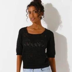 Pull col carré uni, maille ajourée