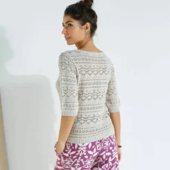 Pull col carré uni, maille ajourée