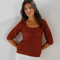 Pull col carré uni, maille ajourée
