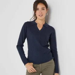 Pull col polo, maille côtelée