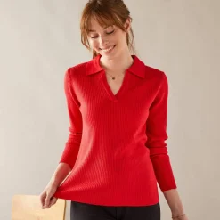Pull col polo, maille côtelée