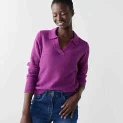Pull col polo, maille fantaisie